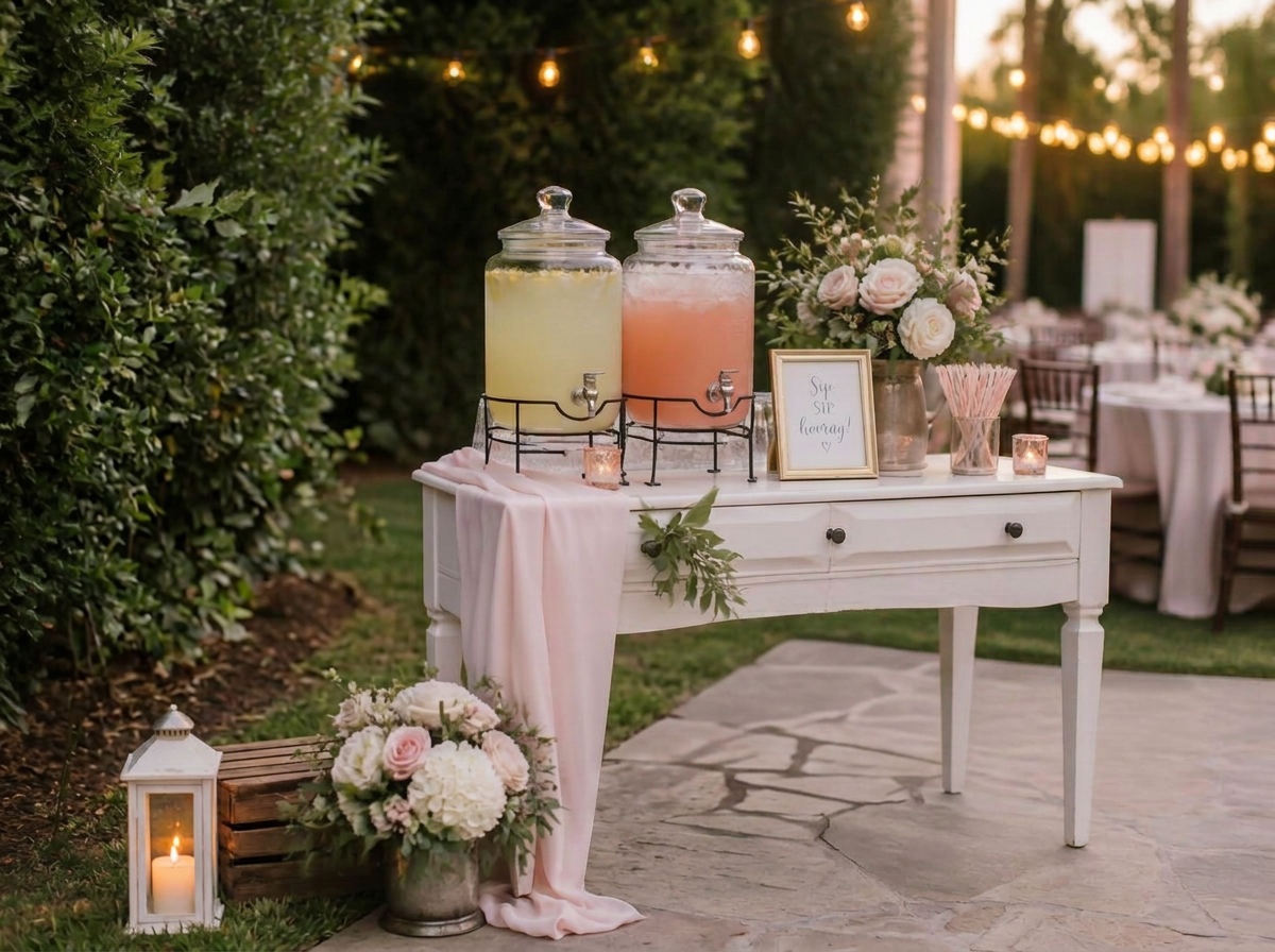Styled outdoor drink station with a cool drinks warm hearts chalkboard sign